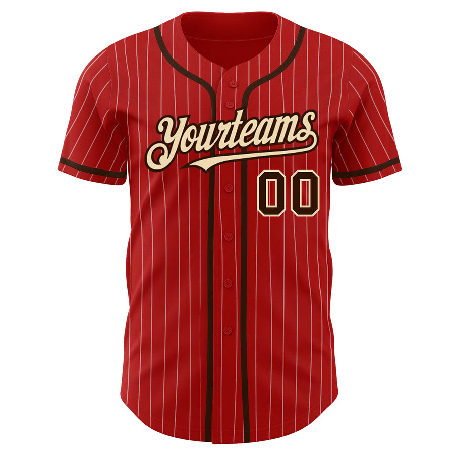 Custom Red White Pinstripe Brown-City Cream Authentic Baseball Jersey