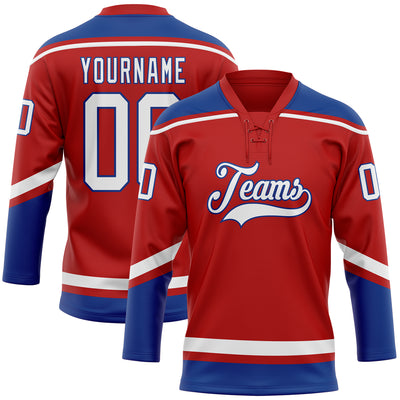 Custom Red White-Royal Hockey Lace Neck Jersey