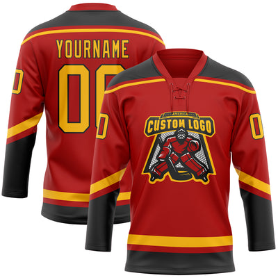 Custom Red Gold-Black Hockey Lace Neck Jersey