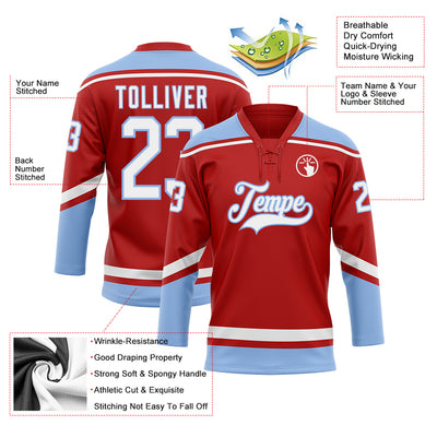 Custom Red White-Light Blue Hockey Lace Neck Jersey