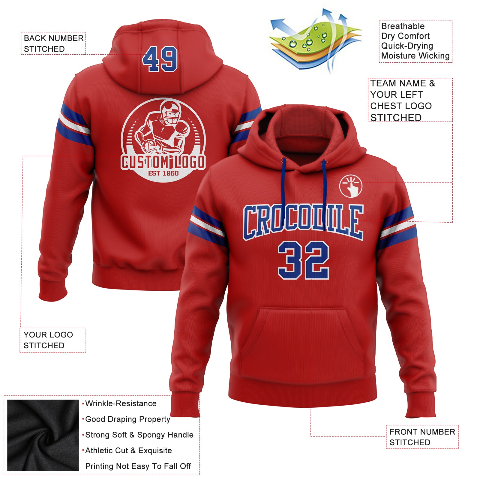 FANSIDEA Custom Stitched White Red-Royal Football Pullover Sweatshirt Hoodie Men's Size:2XL