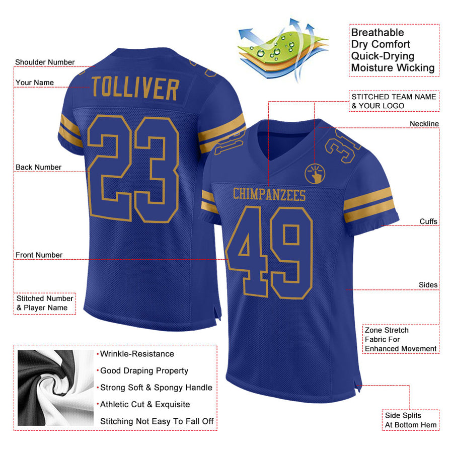 Custom Royal Royal-Old Gold Mesh Authentic Football Jersey