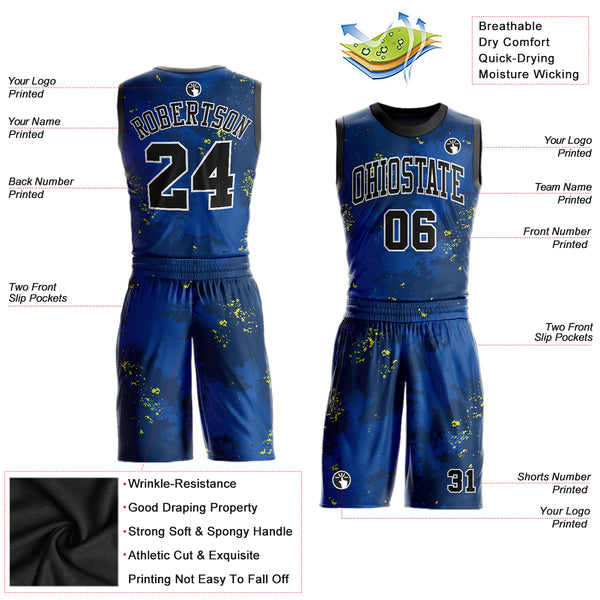 Cheap Custom Royal Black-Gold Round Neck Sublimation Basketball