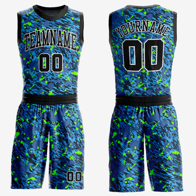 FANSIDEA Custom Basketball Jersey Neon Green Navy Round Neck Sublimation Basketball Suit Jersey Men's Size:M