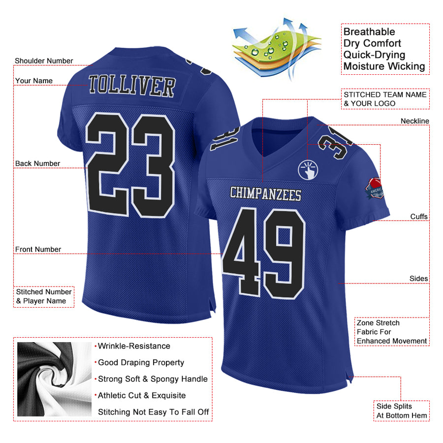 Custom Royal Black-White Mesh Authentic Football Jersey