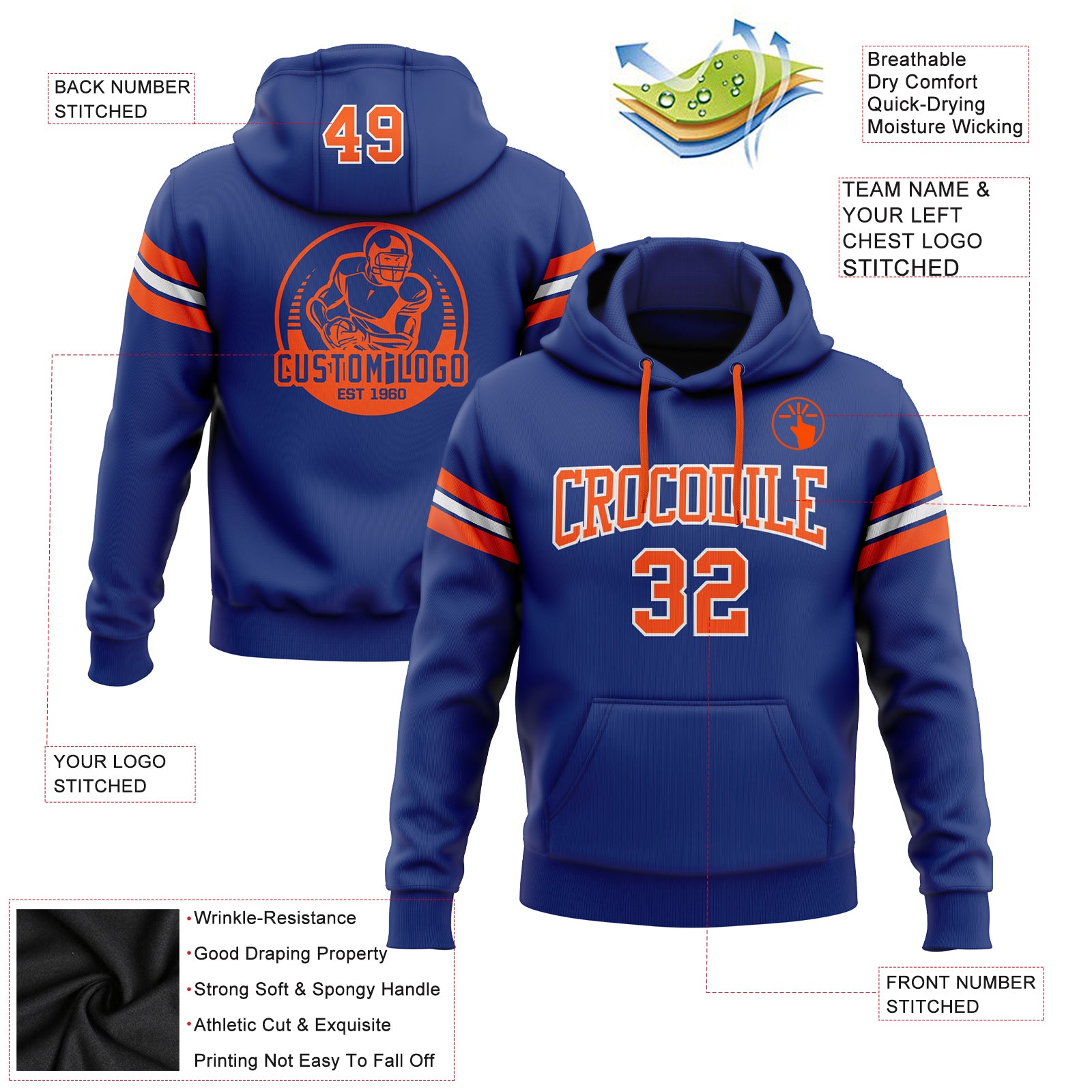 Custom Stitched Royal Orange-White Football Pullover Sweatshirt Hoodie