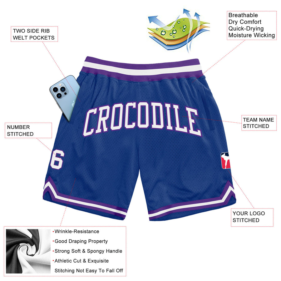 Custom Royal White-Purple Authentic Throwback Basketball Shorts