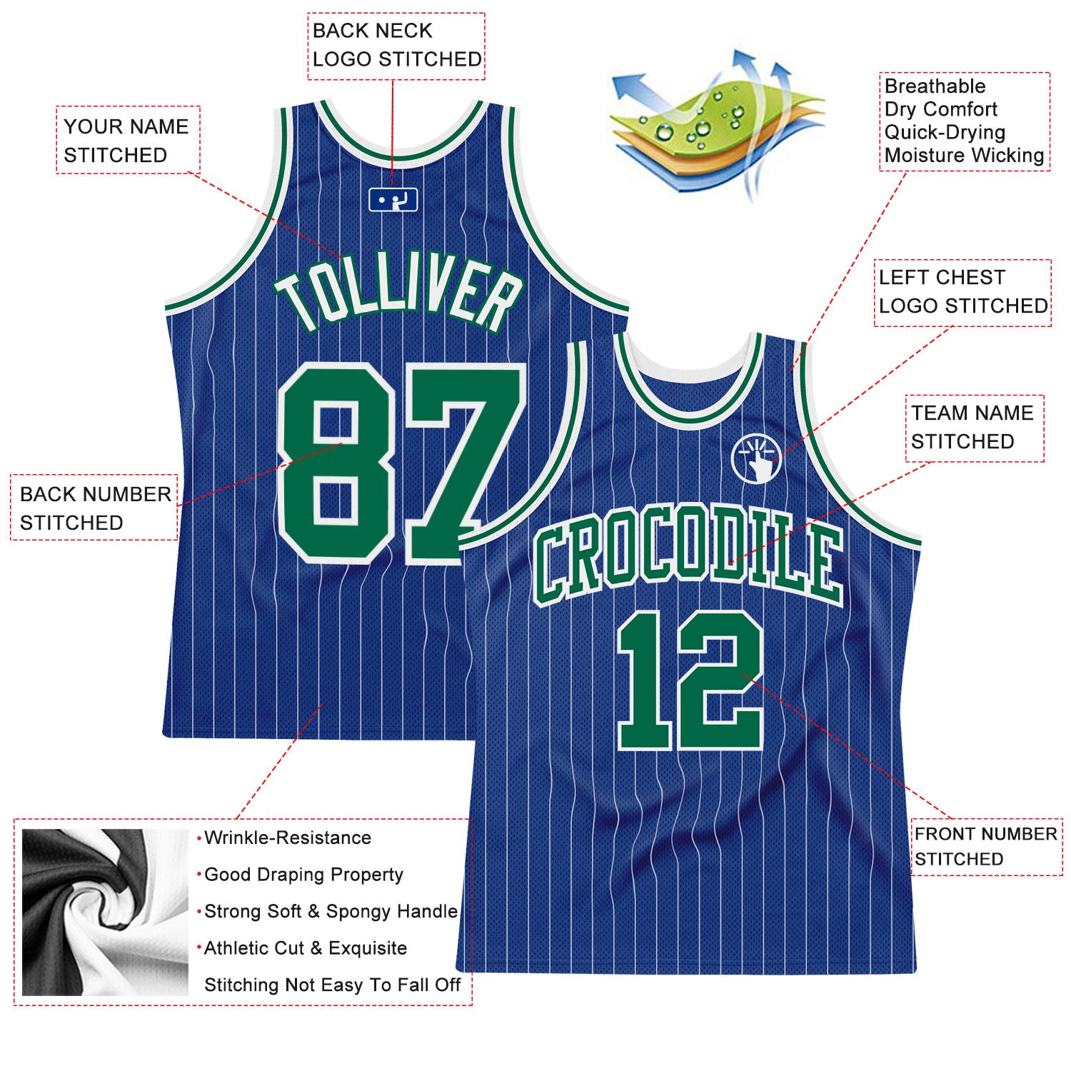 Custom Royal White Pinstripe Kelly Green-White Authentic Basketball Jersey