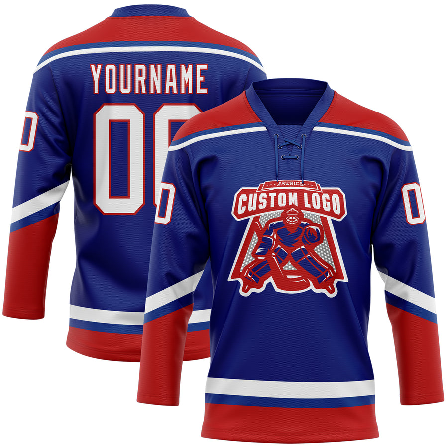 Custom Royal White-Red Hockey Lace Neck Jersey