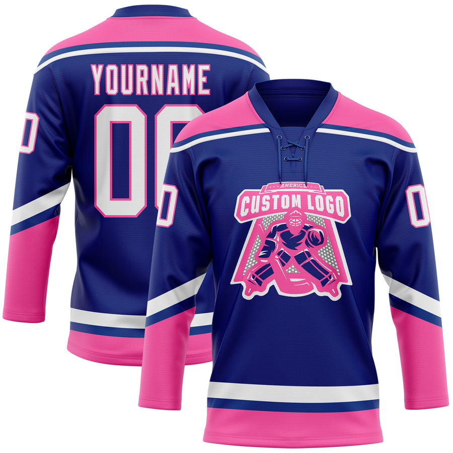 Custom Royal White-Pink Hockey Lace Neck Jersey