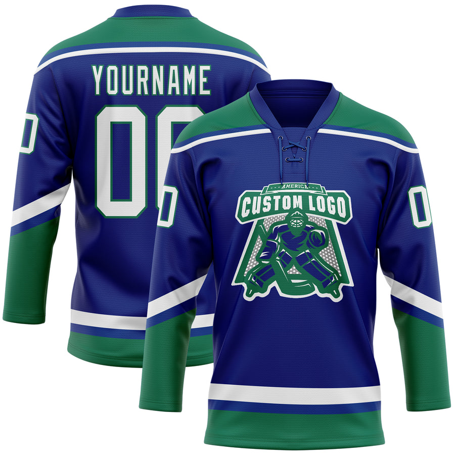 Custom Royal White-Kelly Green Hockey Lace Neck Jersey