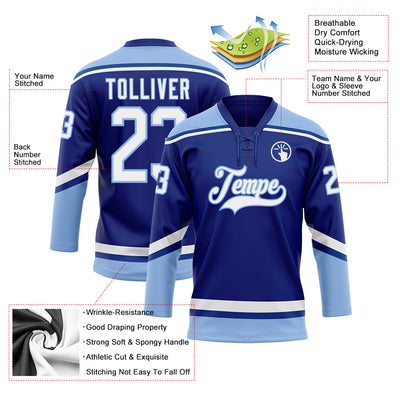 Custom Royal White-Light Blue Hockey Lace Neck Jersey