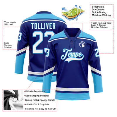 Custom Royal White-Sky Blue Hockey Lace Neck Jersey