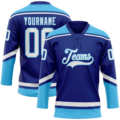 Custom Royal White-Sky Blue Hockey Lace Neck Jersey