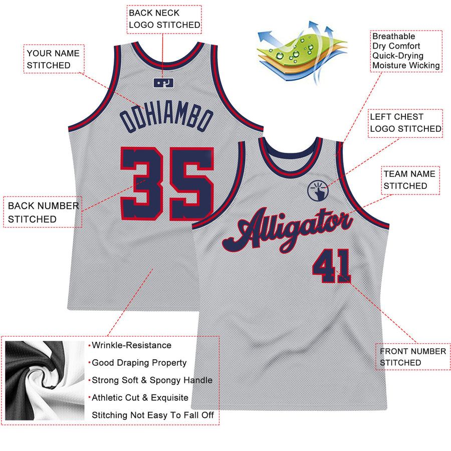 Custom Gray Navy-Red Authentic Throwback Basketball Jersey