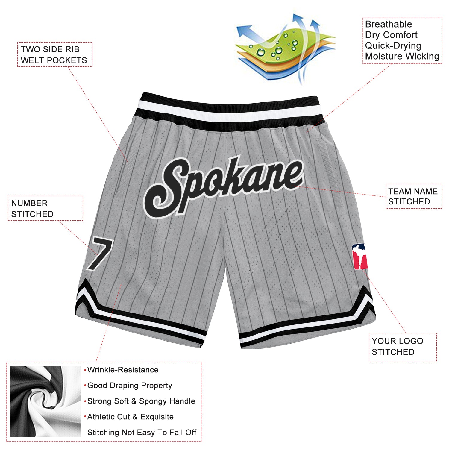 Custom Gray Black Pinstripe Black-White Authentic Basketball Shorts