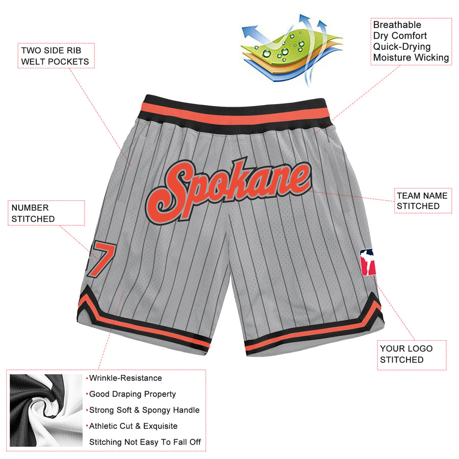 Custom Gray Black Pinstripe Orange-Black Authentic Basketball Shorts