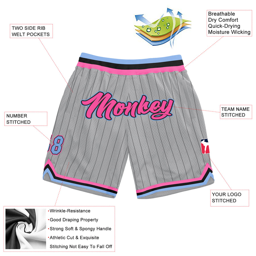 Custom Gray Black Pinstripe Pink-Light Blue Authentic Basketball Shorts