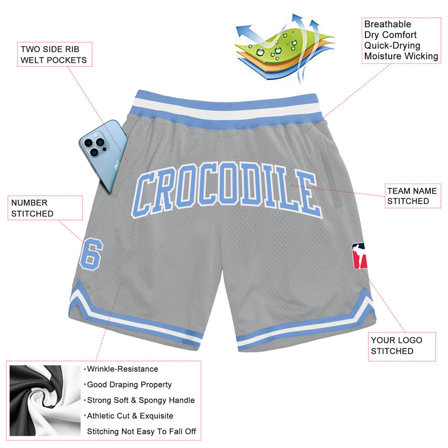 Custom Gray Light Blue-White Authentic Throwback Basketball Shorts