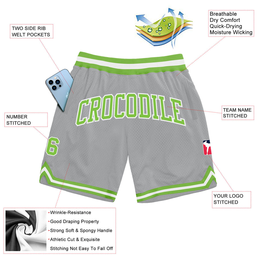 Custom Gray Neon Green-White Authentic Throwback Basketball Shorts