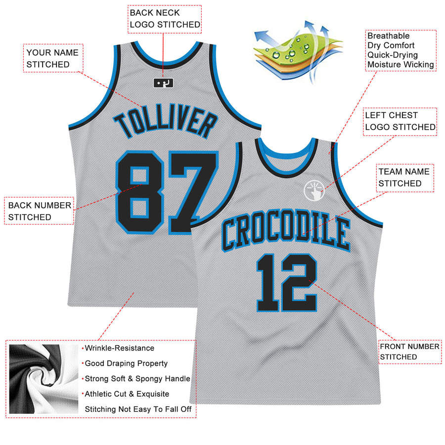 Custom Gray Black-Blue Authentic Throwback Basketball Jersey