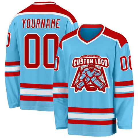 Custom Sky Blue Hockey Jersey Red-White - FansIdea