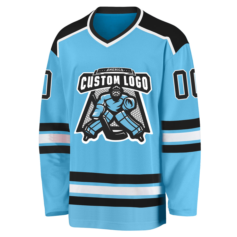 Custom Sky Blue Black-White Hockey Jersey