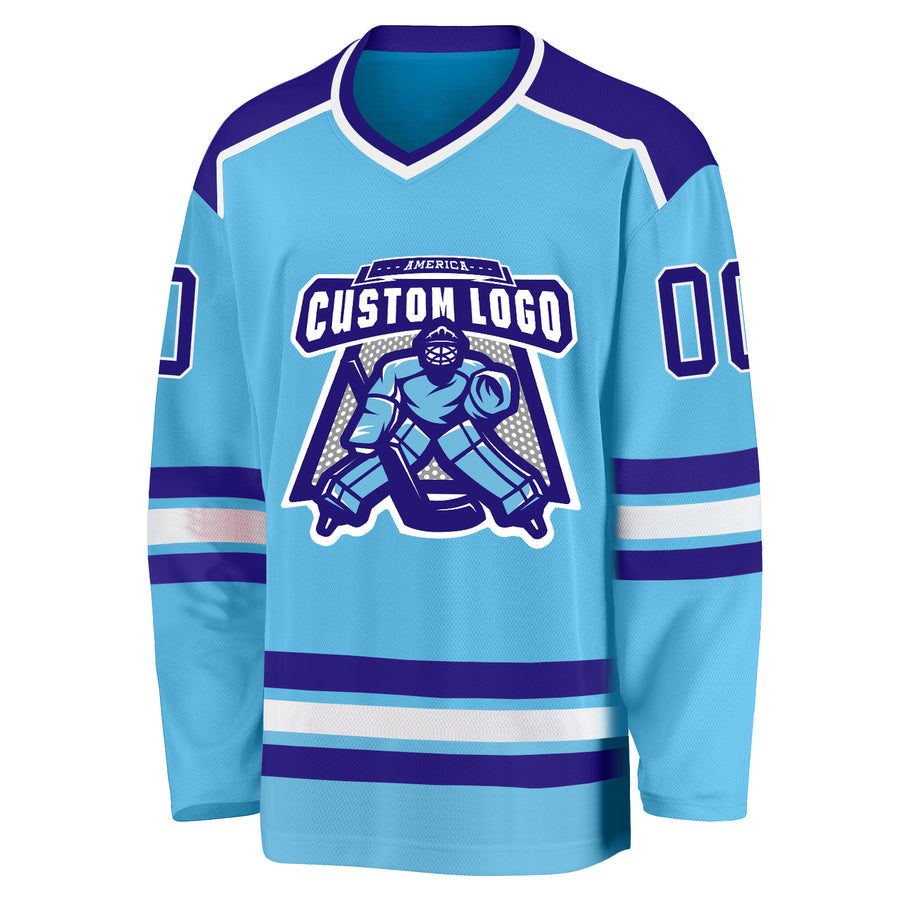 Custom Sky Blue Dark Purple-White Hockey Jersey