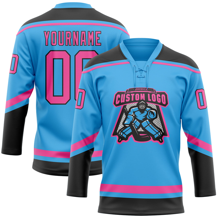 Custom Sky Blue Pink-Black Hockey Lace Neck Jersey