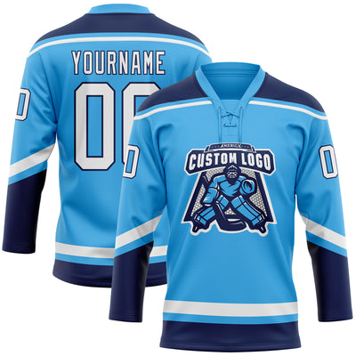 Custom Sky Blue White-Navy Hockey Lace Neck Jersey