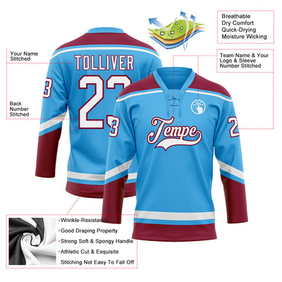 Custom Sky Blue White-Maroon Hockey Lace Neck Jersey