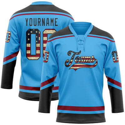 Custom Sky Blue Vintage USA Flag Black-Maroon Hockey Lace Neck Jersey