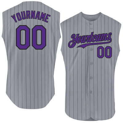 Custom Gray Black Pinstripe Purple Authentic Sleeveless Baseball Jersey