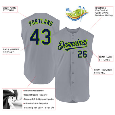 Custom Gray Navy-Neon Green Authentic Sleeveless Baseball Jersey