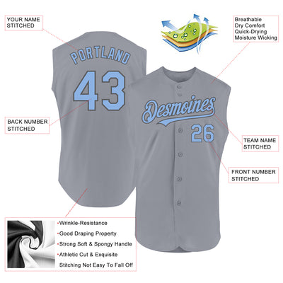 Custom Gray Light Blue-Steel Gray Authentic Sleeveless Baseball Jersey