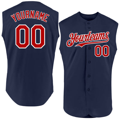 Custom Navy Red-White Authentic Sleeveless Baseball Jersey