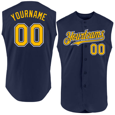 Custom Navy Gold-White Authentic Sleeveless Baseball Jersey