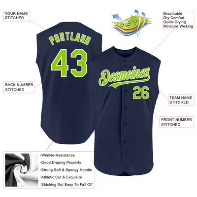 Custom Navy Neon Green-White Authentic Sleeveless Baseball Jersey