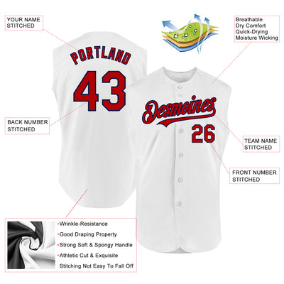 Custom White Red-Navy Authentic Sleeveless Baseball Jersey