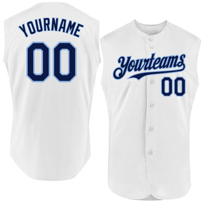 Custom White Navy-Light Blue Authentic Sleeveless Baseball Jersey