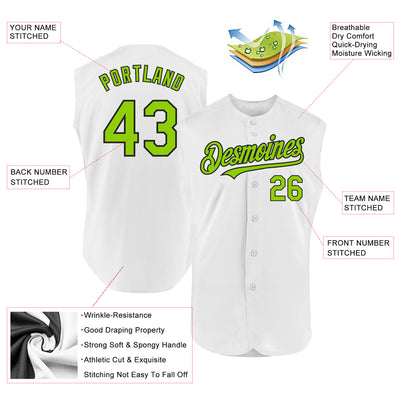 Custom White Neon Green-Black Authentic Sleeveless Baseball Jersey