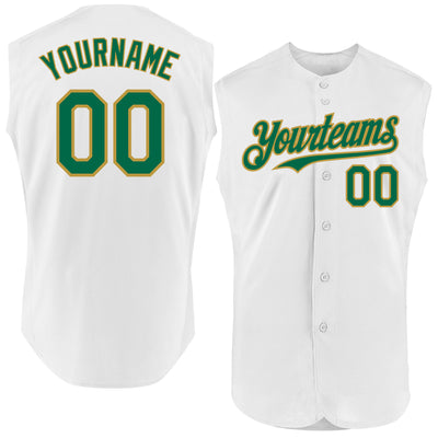 Custom White Kelly Green-Old Gold Authentic Sleeveless Baseball Jersey