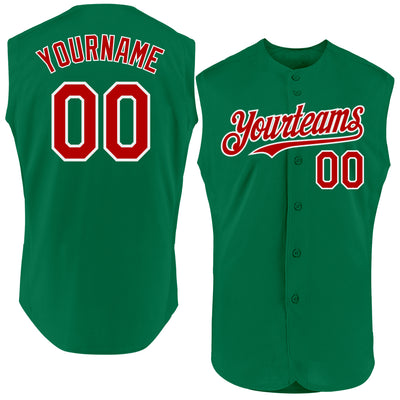 Custom Kelly Green Red-White Authentic Sleeveless Baseball Jersey