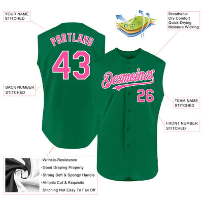 Custom Kelly Green Pink-White Authentic Sleeveless Baseball Jersey