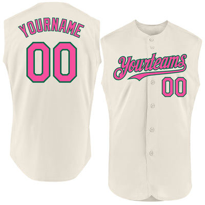 Custom Cream Pink-Kelly Green Authentic Sleeveless Baseball Jersey