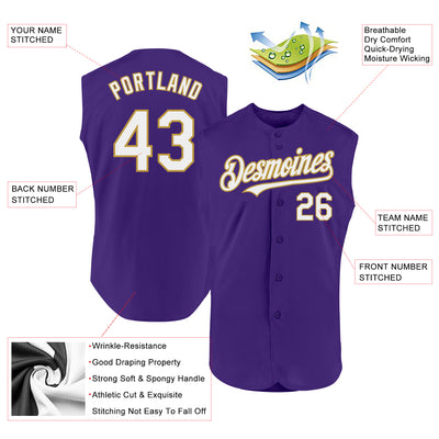 Custom Purple White-Old Gold Authentic Sleeveless Baseball Jersey