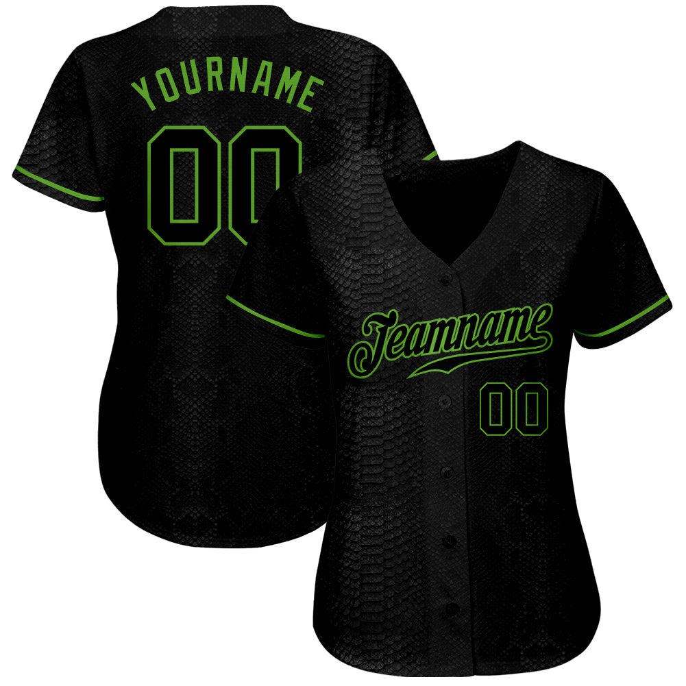 Custom Black Snakeskin Black-Neon Green 3D Pattern Design Authentic Baseball Jersey