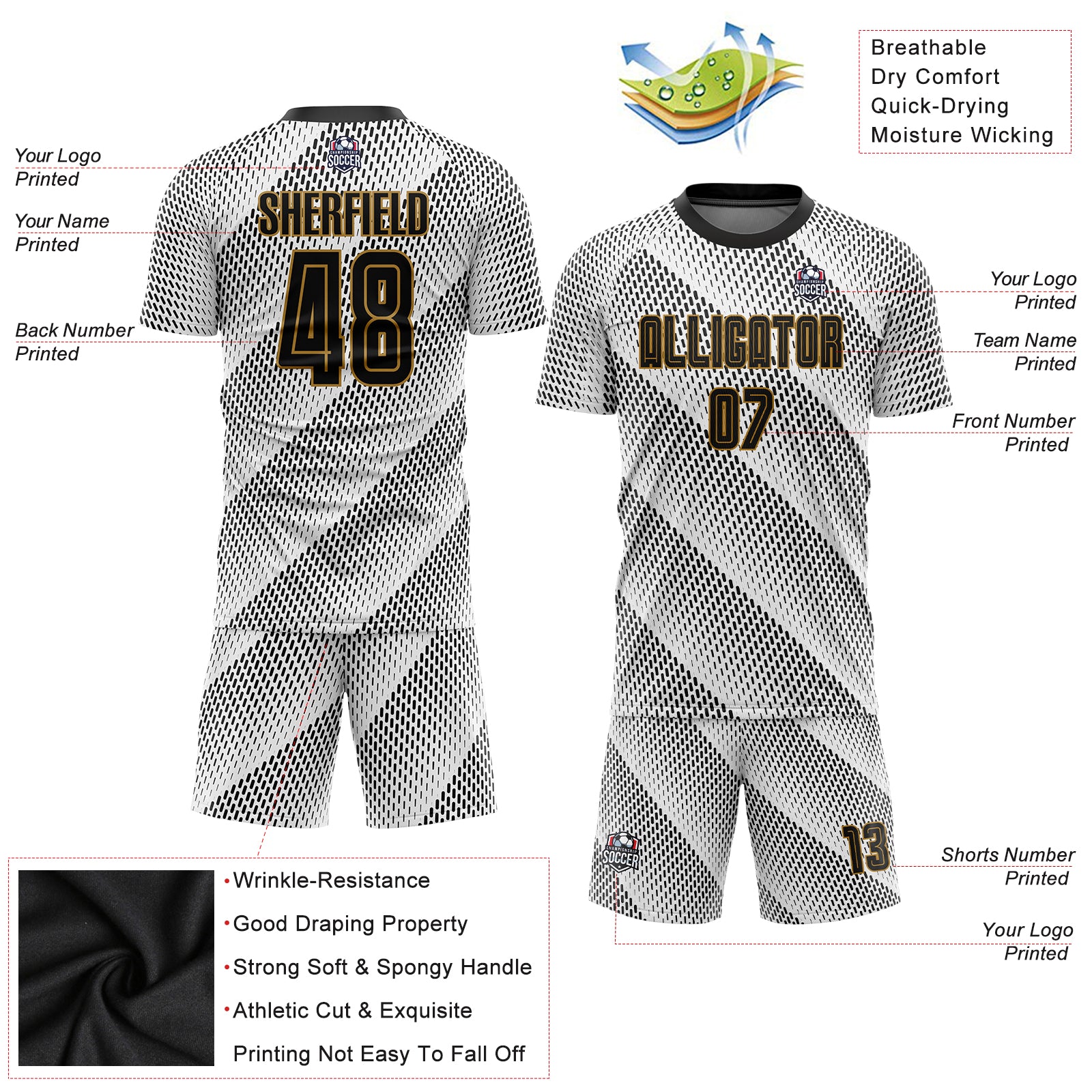 Custom Black Black-Old Gold Sublimation Soccer Uniform Jersey in