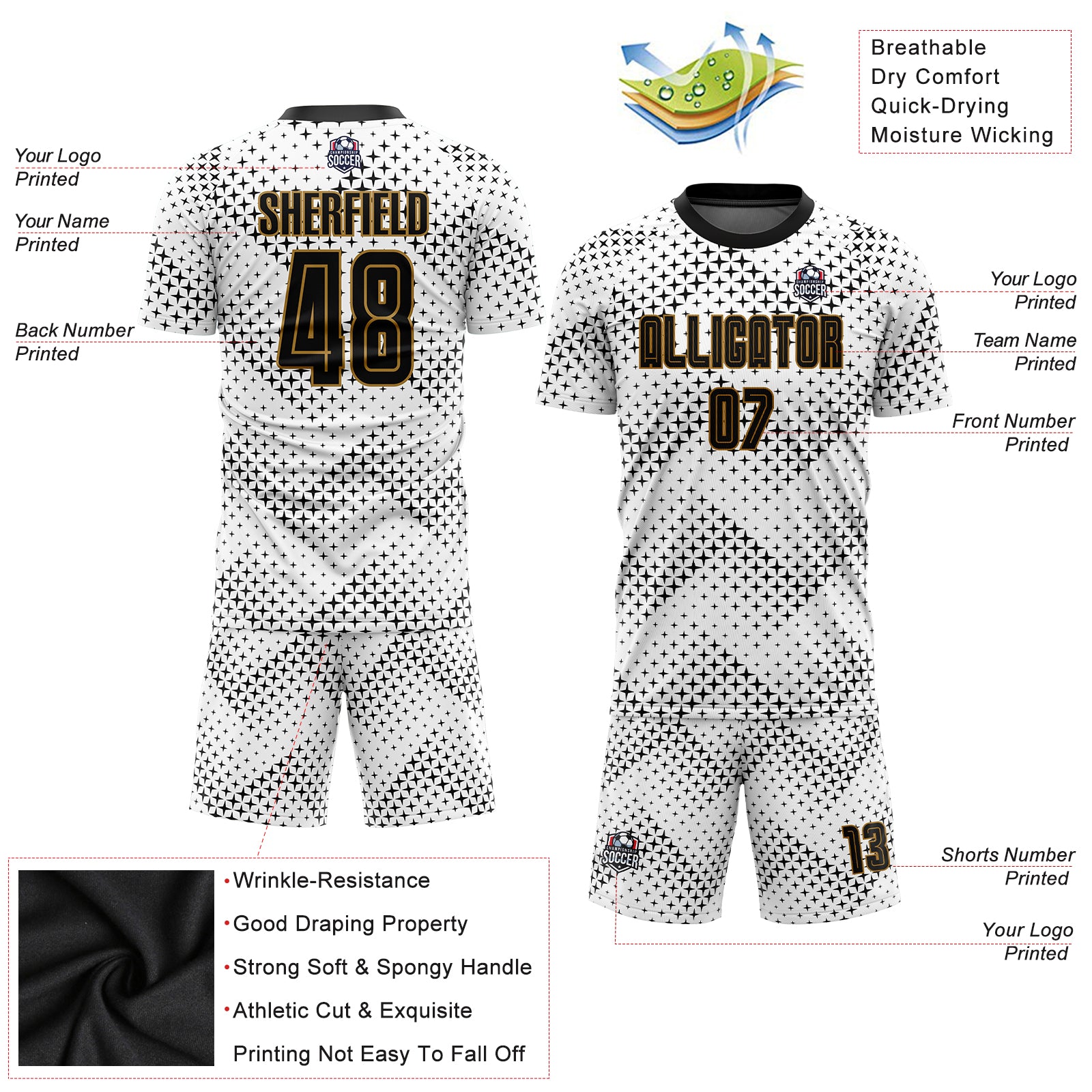 Custom White Black-Old Gold Sublimation Soccer Uniform Jersey