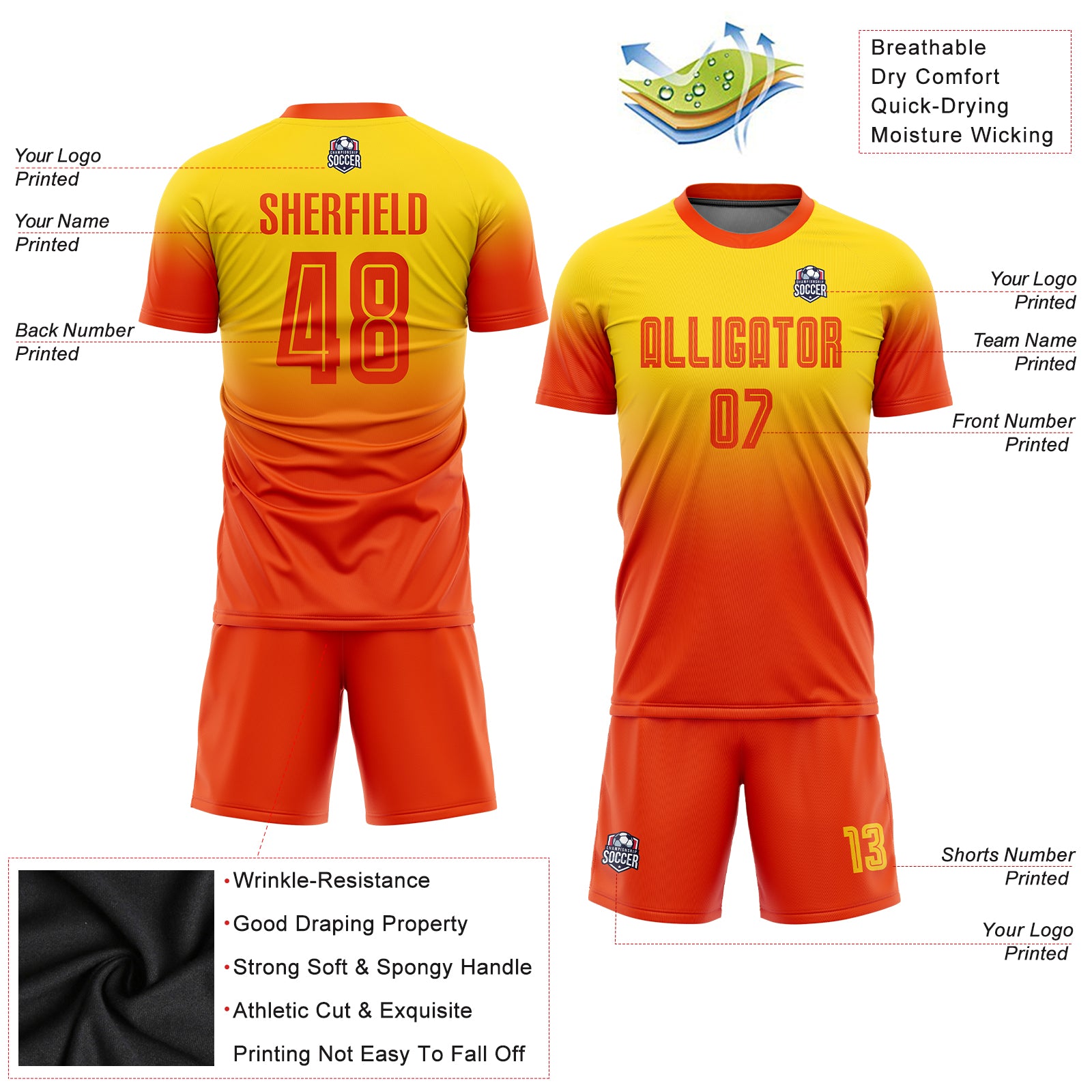 Custom Gold Orange Sublimation Fade Fashion Soccer Uniform Jersey